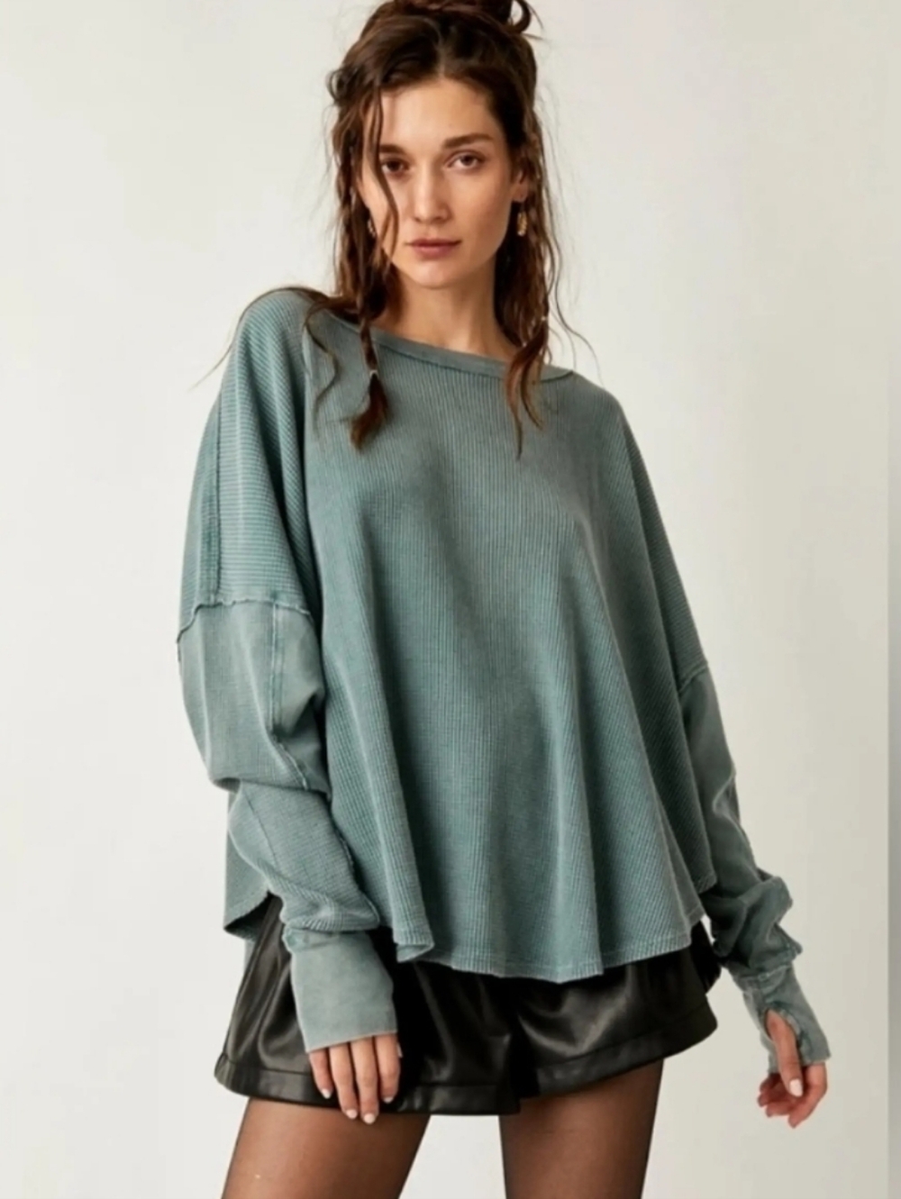 We The Free Washed Blue Long Sleeve Oversized Waffle Knit Top Xs